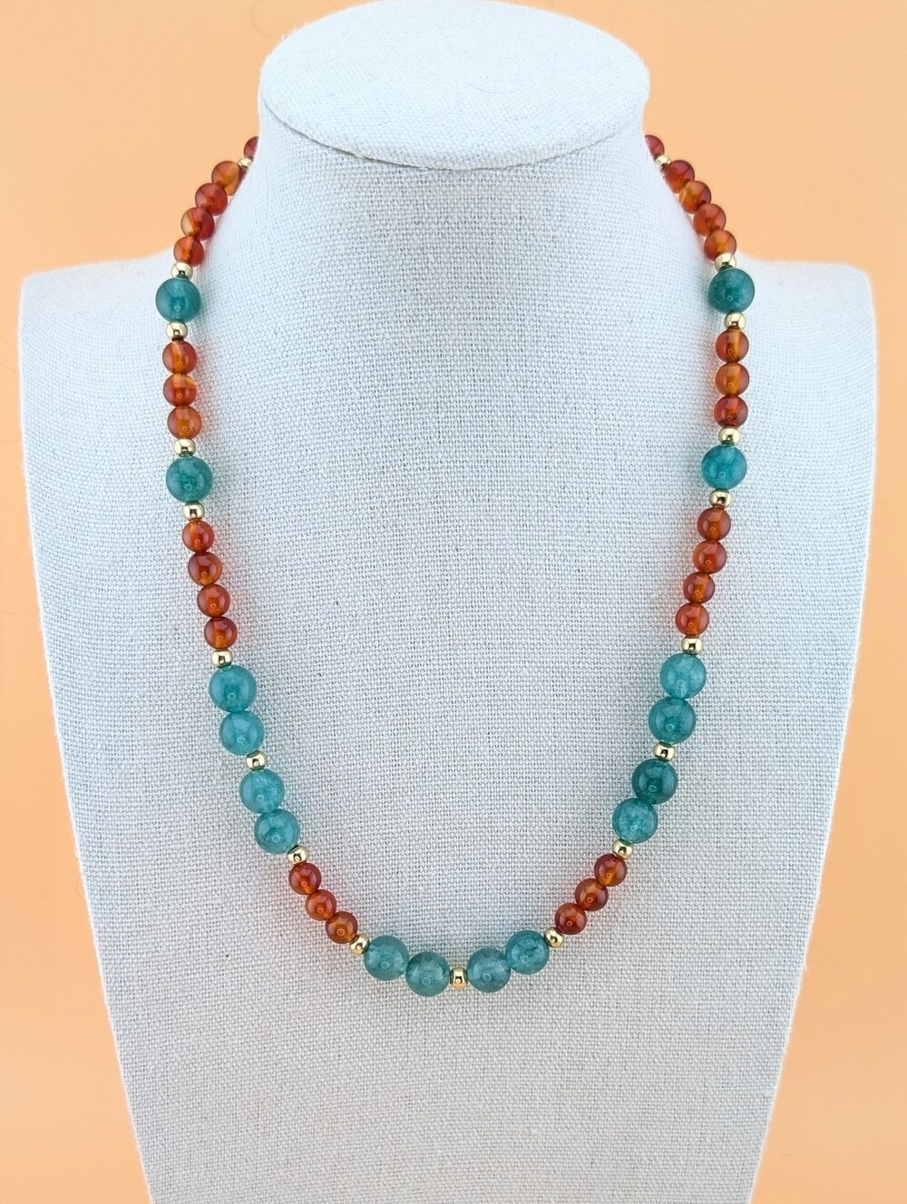 Carnelian Green Agate Beaded Gemstone Necklace Gold Boho
